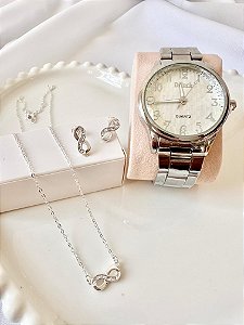 Kit Prata relogio + cordão + Brinco