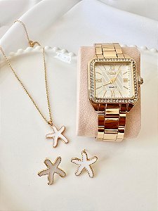 Kit Relogio folheado - relogio + cordão +brincos