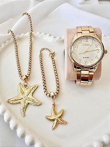 Kit folheado relogio + Pulseira + cordão