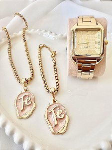 Kit folheado a ouro ( Relógio + pulseira + cordão) Unisex