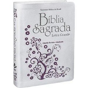 Bíblia Sagrada SBB Capa Luxo Couro Sintético Branca Flores, Letra Grande, Tam Pequeno, Borda Prateada, Almeida RA