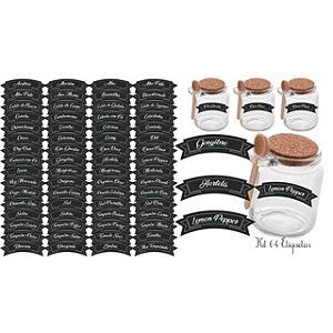 Kit 64 Adesivos à Prova d'Água para Temperos – Tags Pretas Elipse Bandeirinha 4,8x1,4cm