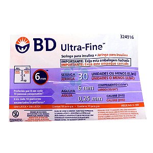Seringa de Insulina Ultrafine 30ui 6mm 0,25mm 10un