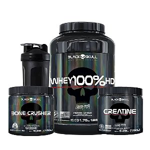 KIT BLACK SKULL 10 - WHEY 100% HD 900G + BONE CRUSHER 150G + CREATINE 150G + COQUETELEIRA