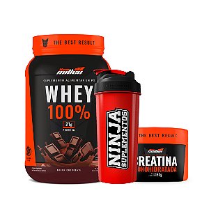 KIT NEW MILLEN - WHEY 100% 900G POTE + CREATINA 150G + COQUETELEIRA NINJA