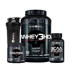 KIT BLACK SKULL 5 - WHEY 3HD 900G + CREATINA 150G + BCAA 2400 100 TABLES + COQUETELEIRA