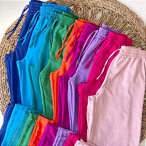 Calça Pantalona Feminina Duna Fendas ou Fechada Elástico Cintura Moda