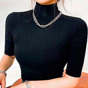 Blusa Feminina Básica Suplex Gola Alta Manga Curta