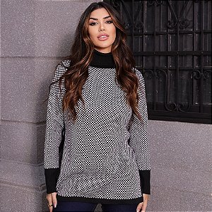 Blusa Poncho Tricot Gola Alta Xadrez Geométrico Moda Inverno