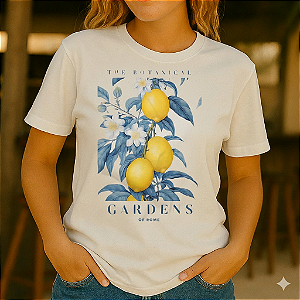 Camiseta Feminina Algodão Estampas Tropicais Moda Verão LIMÃO GARDENS