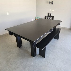 Mesa de Bilhar e Jantar Diver Madeira Slim com Bancos Cor Preta 2,20 x 1,20