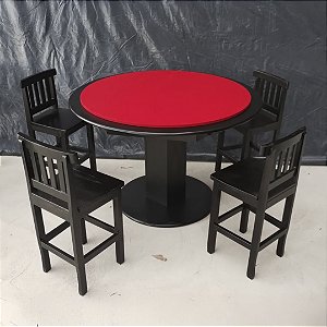 Mesa de Carteado Redondo Preta Tecido Vermelho com Banquetas
