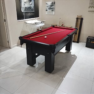 Mesa de Bilhar e Sinuca Charme Cor Preta Tecido Vermelho 1,87 x 1,01 (Peça Única)