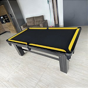 Mesa de Bilhar Diver Madeira Maciça Cor Preta Tecido Preto Bordas Amarelas 2,20 x 1,20