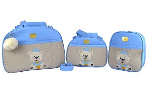 Kit Bolsa Maternidade Bordado 3 Peças Urso - Azul Claro