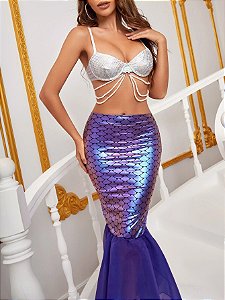 Conjunto de fantasias Holográfico Impressão de escama de peixe Pérolas com contas Sereia