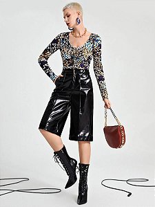 Shorts Femininos Bolso Zíper Simples Glamour Couro Plutônio