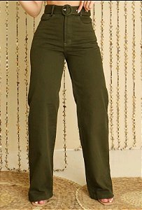 Jeans Calça Wide Leg Premium Verde Militar  Cintura Alta Levanta Bumbum