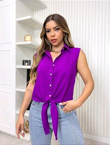 Camisa com Botões e Bolsos sem Manga com nó Cintura