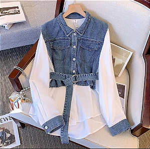 Camisa Jeans Bloco de Cores Emenda