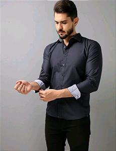 Camisa Social lisa detalhes punhos Microfibra não Amassa