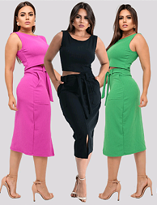 Kit 3 Conjuntos Cropped e Saia Midi Malha Crepe