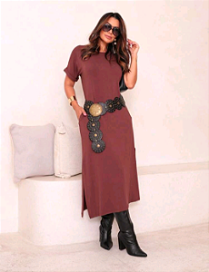 Vestido Midi Adele Manga Curta Com Bolso Com Fendas