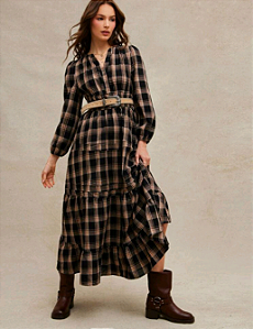 Vestido Longo Manga Comprida Xadrez Ocidental Nashville