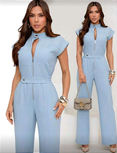 Macacão Cargo Longo Com Ziper Frontal Alfaiataria Elegante