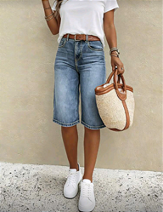 Bermuda Jeans Perna Reta Folgado Perna Larga e Comprimento Médio