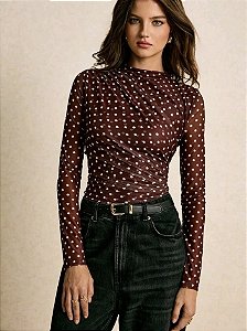 Camiseta de Manga Longa Elegante com Estampa de Bolinhas Manga Comprida