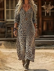 Vestido Vitage manga e decote em V Leopardo