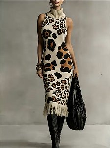 Vestido de Gola Alta Sem Mangas com Estampado de Leopardo Irregular e Franjas