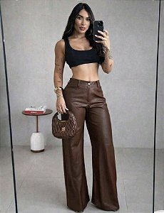 Calça Feminina De Couro Pantalona