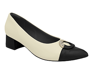 Sapato Feminino Scarpin Taci Salto Médio Off White com Preto Piccadilly 739101