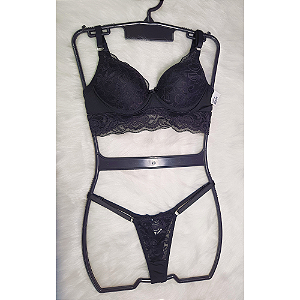 Conjunto Sutiã com Bojo e Calcinha Fio Duplo Preto com Renda