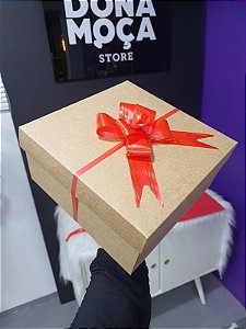 Caixa Presente Kraft com Laço e Papel Seda 10x21x21cm