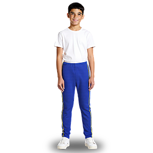 Calça Helanca Juvenil Azul Royal Friso Listra Amarelo