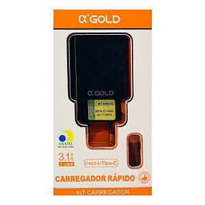 Carregador Tipo C AlphaGold Fonte Com Dois USB E Cabo 3.1A CA22-3