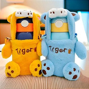 Garrafa Térmica Infantil Capa Pelúcia E Adesivos 500ml Tigre