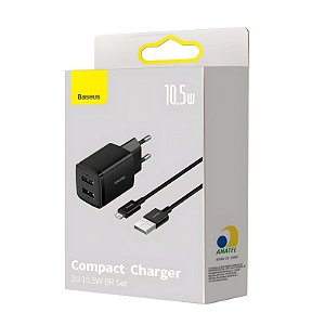 Carregador Completo Compacto USB P/ Lightning 10.5W Preto Baseus