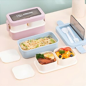 Marmita Lancheira Com 3 Compartimentos E Talheres Lunch Box HF93-093