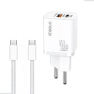 Carregador Completo Turbo 40W Duas Entradas Cabo Tipo C A'Gold CA42-5