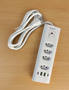 Filtro De Linha Extensão 2 Metros 4 Tomadas + 2 USB-C + 2 USB B-Max BM-8707