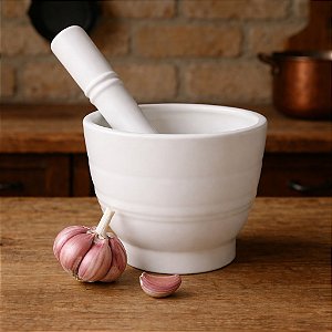 Kit Pilão Com Socador Alho Plástico Resistente Branco GP2158