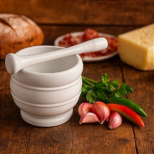 Kit Pilão Com Socador Alho Plástico Resistente Branco GP2158