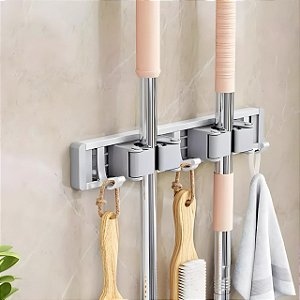 Suporte De Parede Alumínio Vassoura 2 Encaixes 3 Ganchos OPA-Q045