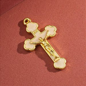 2 Crucifixos Para Terço Esmaltado Branco 3,8x2,2 cm Dourado Alta Qualidade