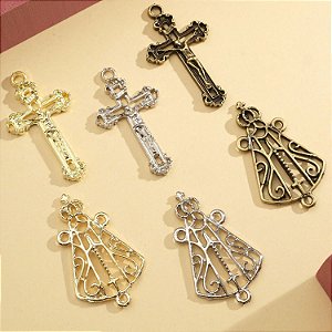 3 Crucifixos + 3 Entremeios Nossa Senhora Aparecida Ouro Velho Prata e Dourado Para Terço