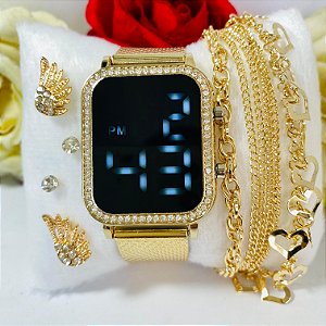 Relógio Digital - Led Com Strass/Pedraria/Brilho Quadrado - Kit Rel+Pulseira+Brincos na Caixinha